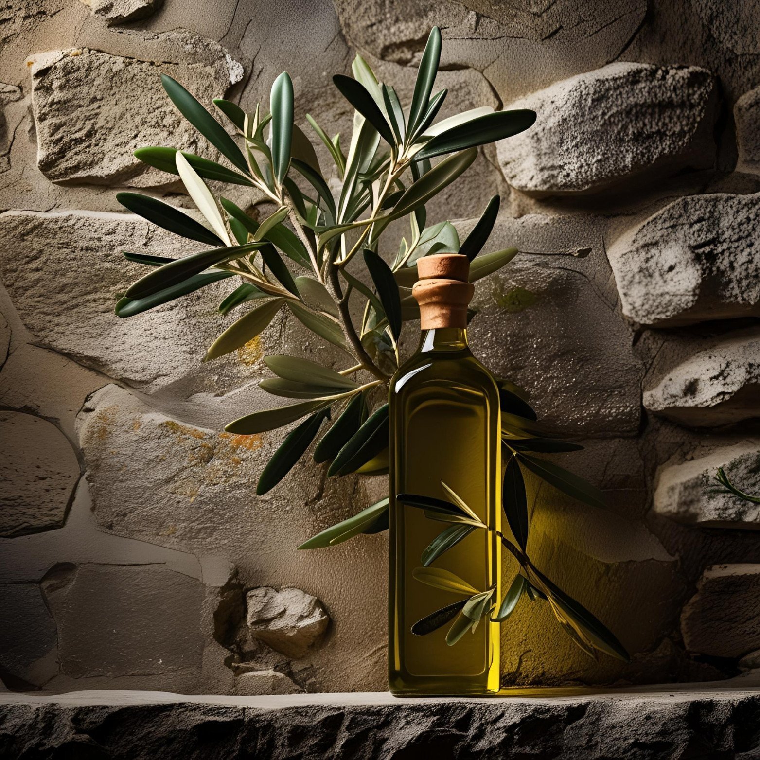 Fles Griekse extra vierge olijfolie met olijftakken tegen een rustieke stenen muur, symbool voor authenticiteit en mediterrane traditie