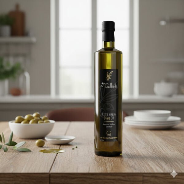 Fles Gaia Kallisti extra vierge olijfolie op een houten tafel in een moderne keuken met verse olijven