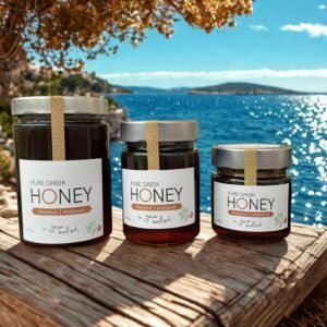 Gaja Kallisti kastanjehoning uit Griekenland in drie verschillende formaten op een houten tafel bij de zee.