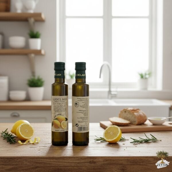 Olijfolie flessen met citroen op een houten aanrecht in een lichte keuken.