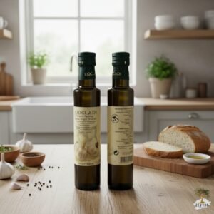 Aromatische olijfolie met knoflook, afkomstig uit Halkidiki, koudgeperst en verpakt voor optimale versheid.