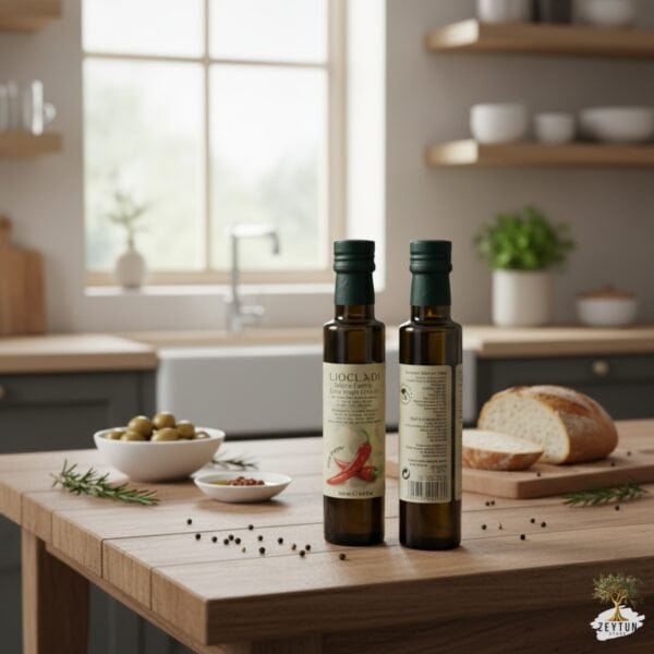 Aromatische olijfolie flessen met paprika op een houten keukenpunt met brood en olijven, in een lichte, moderne keuken met grote ramen.