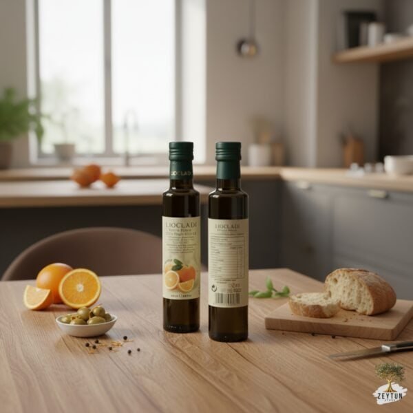 Aromatische olijfolien met sinaasappel op houten tafel in keuken, vers brood en fruit, natuurlijke lichte uitstraling, Halkidiki Griekse extra vierge olijfolie, koudgeperst, voor pure smaak en kwaliteit.