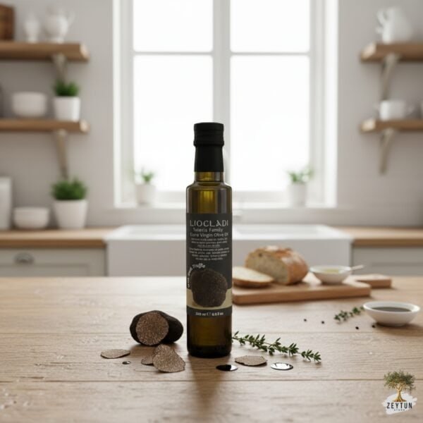 Biologische truffelolie in een glazen fles met zwarte etiket, op houten tafel in een lichte keuken.