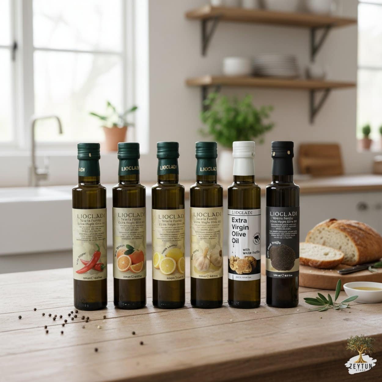 Licht groene flessen met verschillende aromatische types extra vierge olijfolie uit Halkidiki, koudgeperst, in een moderne keuken.