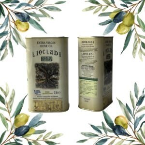 Luxe blik met traditionele, koudgeperste Griekse extra vierge olijfolie uit Halkidiki, verpakt in een 1-liter metalen doos.