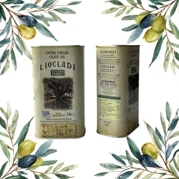 Luxe blik met traditionele, koudgeperste Griekse extra vierge olijfolie uit Halkidiki, verpakt in een 1-liter metalen doos.