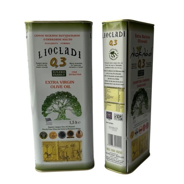 Extra virgin olijfolie uit Halkidiki, koudgeperst en in blik verpakt.