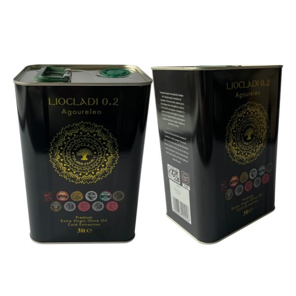 Zwarte blik met gouden details en label van premium Griekse extra vierge olijfolie uit Halkidiki, koudgeperst en verpakt in een 3-liter container.