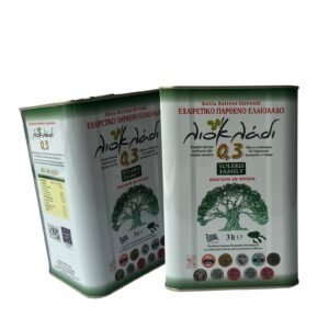 Lokale Griekse extra vierge olijfolie uit Halkidiki, koudgeperst en in een handige 3-liter blikverpakking.