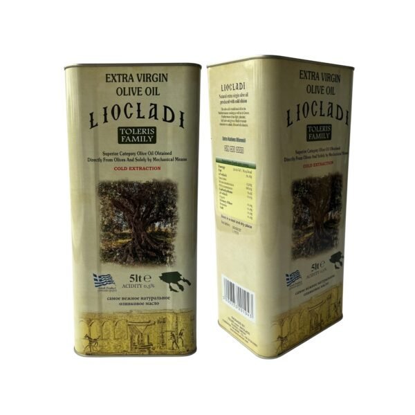Boekenkast met 2 blikjes van 5 liter van premium Griekse extra vierge olijfolie uit Halkidiki, koudgeperst, verpakt in historische en authentieke stijl, herkomst uit Griekenland.
