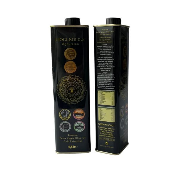 Zwarte verpakking van premium Griekse extra vierge olijfolie uit Halkidiki, koudgeperst en in een milieuvriendelijke verpakking.