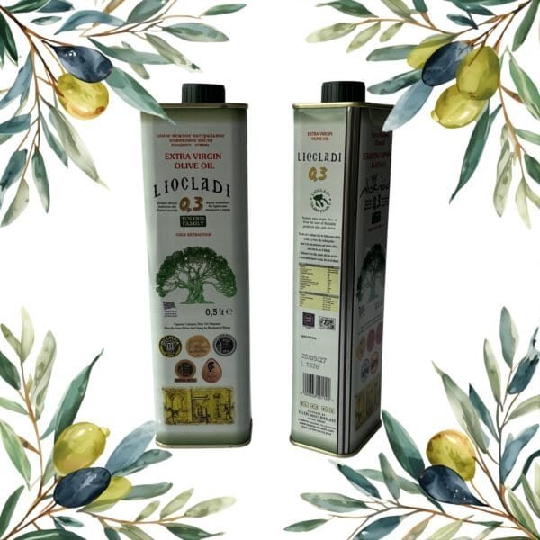 Extra vierge olijfolie uit Halkidiki, koudgeperst en in een handige verpakking van 0,5 liter, rechtstreeks afkomstig van de premium olijvenboomgaard.