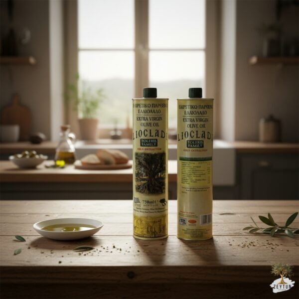 Natuurlijke Griekse extra vierge olijfolie uit Halkidiki, koudgeperst, verpakt in duurzame, traditionele containers met heldere etiketten.