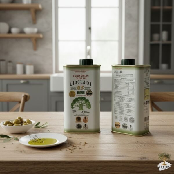 Extra vierge olijfolie uit Halkidiki, koudgeperst en in metalen blik om versheid te behouden.