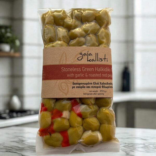 Gaia Kallisti groene olijven met knoflook en geroosterde rode paprika